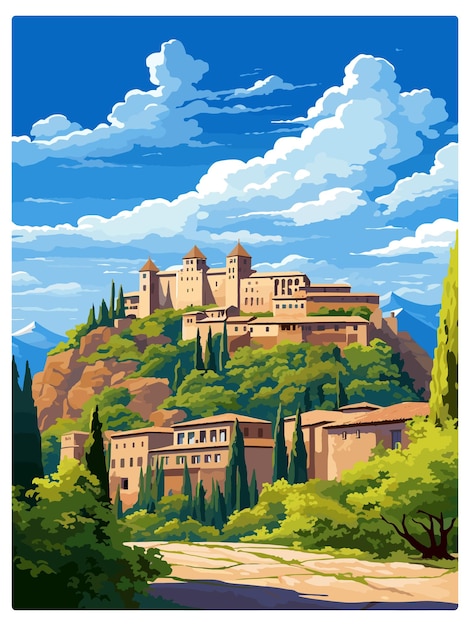 Vektor alhambra spanien vintage reiseplakat souvenir postkarte porträt gemälde wpa illustration