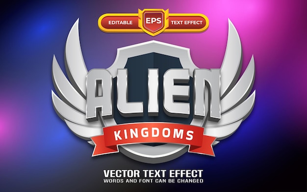 Alien kingdoms 3d-logo mit bearbeitbarem texteffekt und silbernem stil