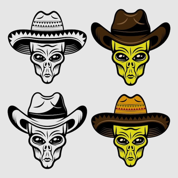 Vektor alien-köpfe in sombrero- und cowboy-hut-set von vektorobjekten oder designelementen in zwei stilen schwarz und farbenfroh