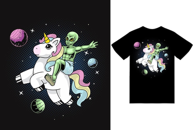 Alien-reit-einhorn-illustration mit t-shirt-design-premium-vektor