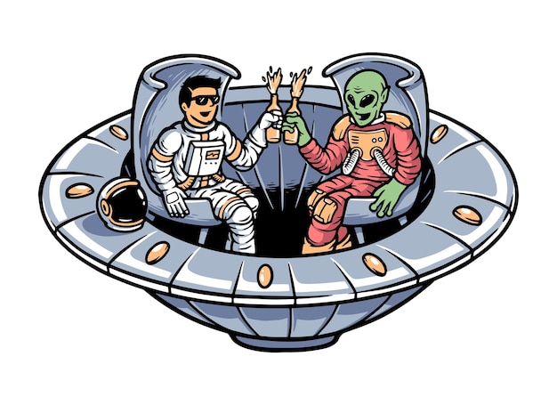 Alien und astronaut, die sich zusammen in der ufo-illustration entspannen