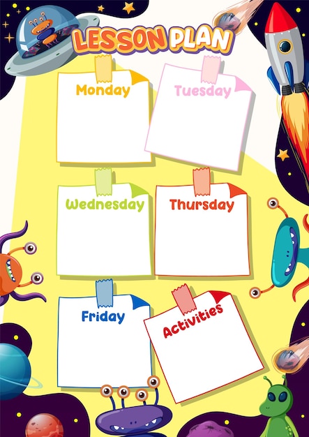 Vektor alienthemed wöchentlicher unterrichtsplan mit notizenvorlage