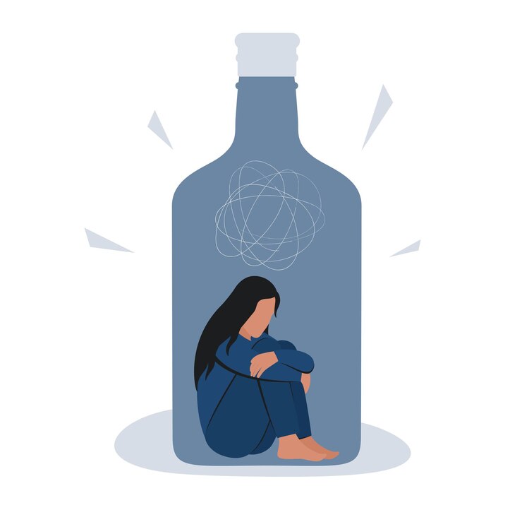 Vektor alkoholabhängigkeit bei frauen frau in einer flasche sucht an psychischen problemen