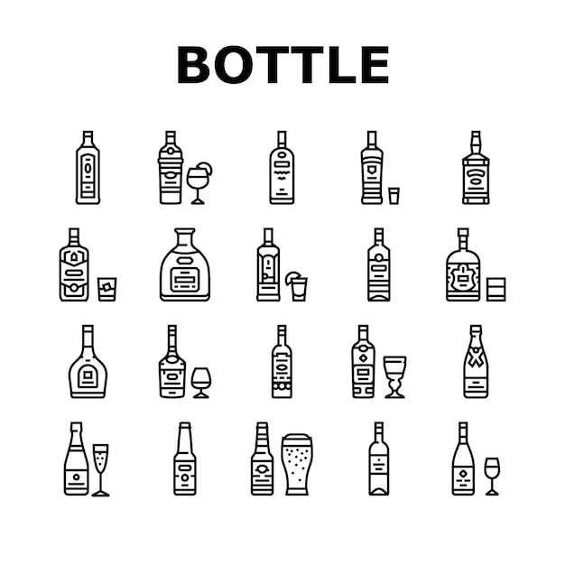 Alkoholflaschen, Glasgetränke, Bar-Ikonen, Satzvektor