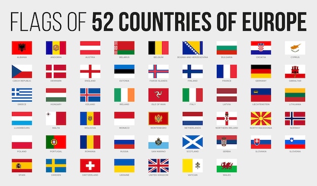 Alle nationalen staatsflaggen der europäischen länder im flachen design isoliert auf weißem alphabet