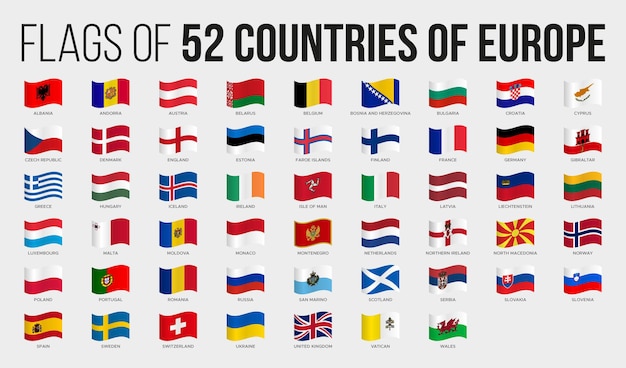 Alle nationalen staatsflaggen der europäischen länder im wellenförmigen stil isoliert auf weißem alphabet