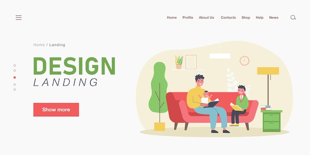 Alleinerziehender Vater, der Kindern ein Buch vorliest. Mann mit Baby und Sohn auf Sofa, Erwachsener und Kind, die flache Vektorillustration der Bücher halten. Familien-, Freizeitkonzept für Banner, Website-Design oder Landing-Webseite