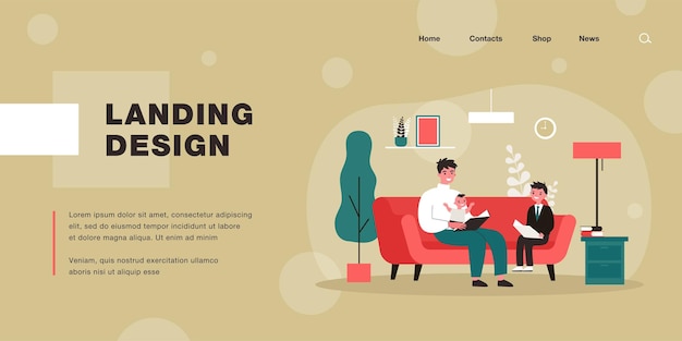 Alleinerziehender Vater liest Kindern ein Buch vor. Mann mit Baby und Sohn auf Sofa, Erwachsener und Kind, die flache Vektorillustration der Bücher halten. Familie, Freizeitkonzept für Banner, Website-Design oder Landing-Webseite