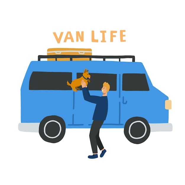 Alleinstehender mann, der mit einem hund in einem van lebt. handgezeichnete vektorillustration für poster, banner, flyer, werbung. van life, freiheit lifestyle-konzept.