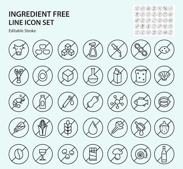 Vektor allergenfreie abzeichen kein zucker, gluten, laktose, ölfrei umriss-iconen-set flache illustration bearbeitbarer strich pixel-perfekte allergenbestandteile vektor-iconen