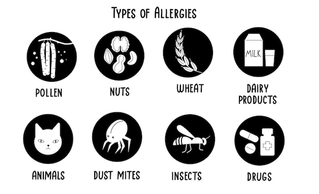 Allergien-symbole von pollen, gluten, insekten, tieren, milchprodukten und anderen allergenen