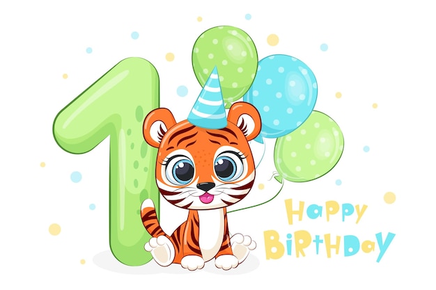 Alles Gute zum Geburtstag 1 Jahr süßes Tigerjunges Vektorillustration