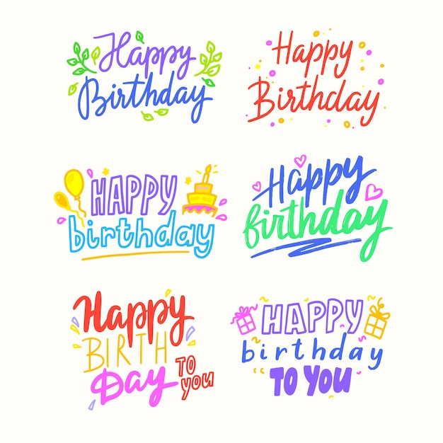 Alles Gute zum Geburtstag Cartoon-Schriftzug, bunte Sätze für Grußkarten mit Ballons, Kuchen und Geschenkboxen. Urlaub Gratulation, typografische Phrasen Design-Elemente. Cartoon-Vektor-Illustration