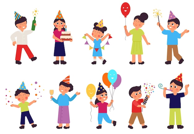 Alles Gute zum Geburtstag Charaktere Isolierte Personengruppe Frau mit Kuchen Erwachsene und Kinder feiern Familienfest Festliche Geschenke anständiger Vektorsatz