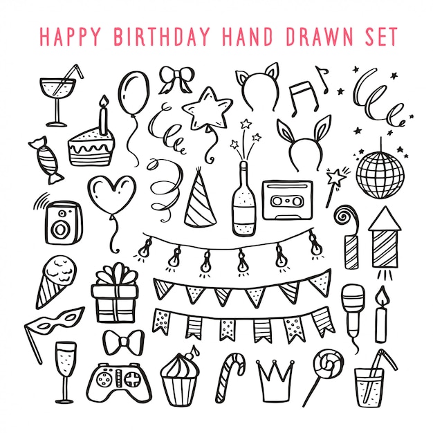 Alles Gute zum Geburtstag hand gezeichnete Set. Vektor Vintage Illustration.