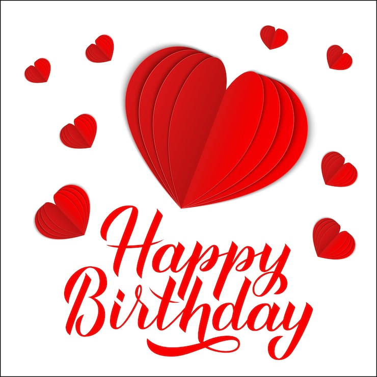 Vektor alles gute zum geburtstag kalligrafie-schriftzug mit 3d-origami-papier geschnittenen herzen isoliert auf weiß handgezeichnetes geburtstags- oder jubiläumsplakat vektorvorlage für grußkarten-banner-flyer-aufkleber tshot