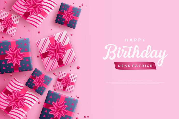 Alles Gute zum Geburtstag mit einigen Geschenkboxen links im Hintergrund