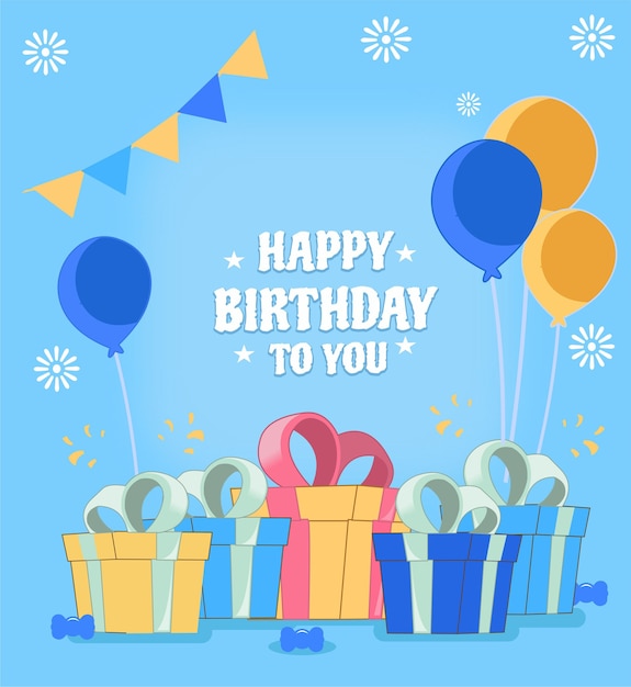 Alles Gute zum Geburtstag mit flachem Design geben, Ballon und Süßigkeiten