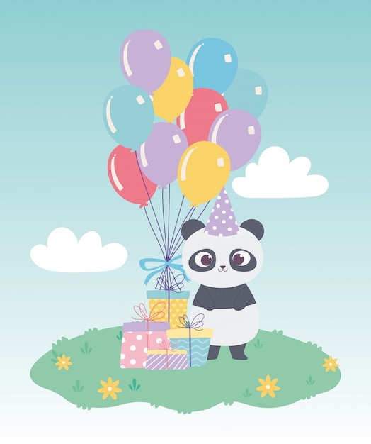 Alles Gute zum Geburtstag, niedlicher kleiner Panda mit Geschenkboxen und Ballonfeierdekorationskarikatur