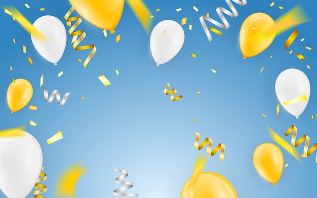 Alles gute zum geburtstag vektor feier party banner goldene folie konfetti und weiße und glitzernde goldballons.