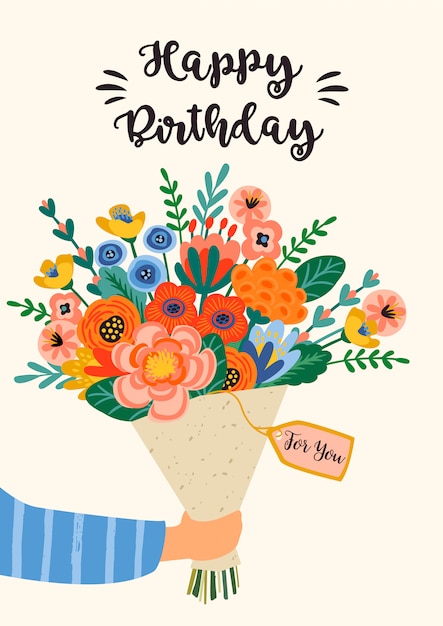 Alles gute zum geburtstag. vektorillustration des niedlichen blumenstraußes der blumen.