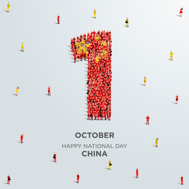Alles gute zum nationalfeiertag china. eine große gruppe von menschen formiert sich, um die zahl 1 zu erschaffen