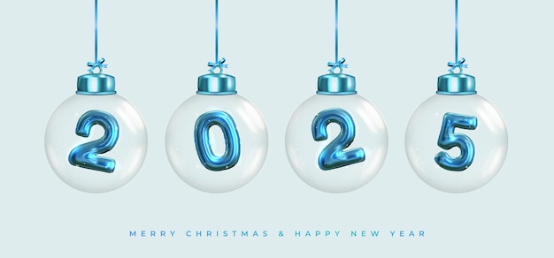 Alles Gute zum neuen Jahr 2025 Glänzende blaue Zahlen in Weihnachtsglaskugeln, die an einem Band hängen