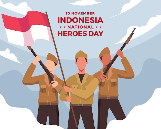 Alles gute zum tag der nationalhelden. soldaten mit gewehr und rot-weißer flagge indonesiens. die feier zum tag der indonesischen nationalhelden. vektorillustration in einem flachen stil