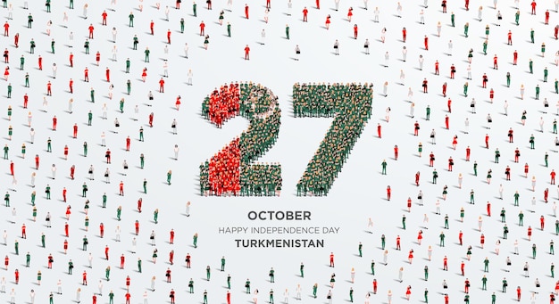 Vektor alles gute zum unabhängigkeitstag turkmenistan. eine große gruppe von menschen formiert sich, um die zahl 27 zu erschaffen