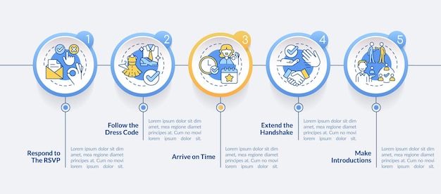 Allgemeine Regeln für die Etikette von Geschäftsveranstaltungen kreisen die Infografik-Vorlage ein