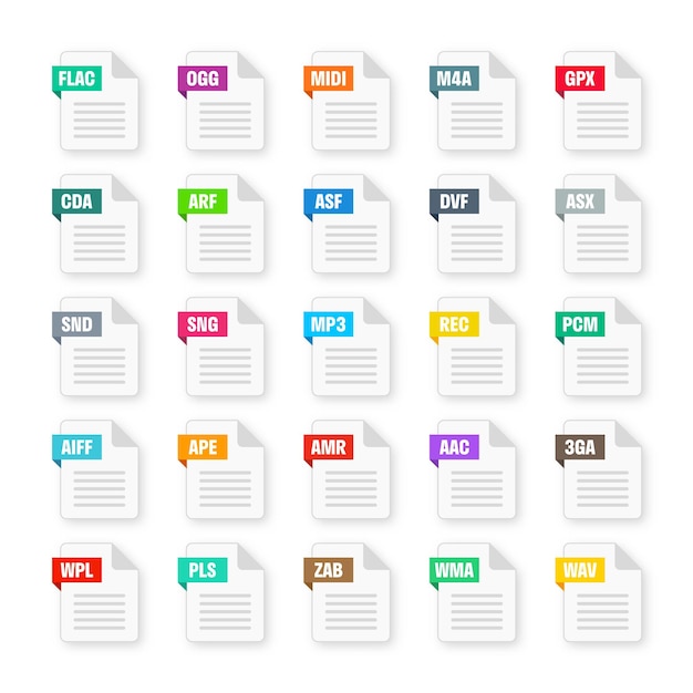 Allgemeine Systemdateiformate Dokumenttypen und Erweiterungen flacher Stil Icons Sammlungsdokument