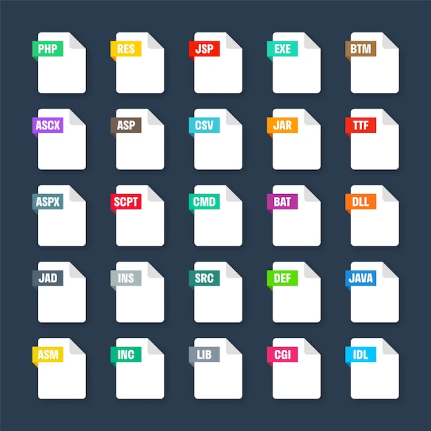 Allgemeine Systemdateiformate Dokumenttypen und Erweiterungen flacher Stil Icons Sammlungsdokument