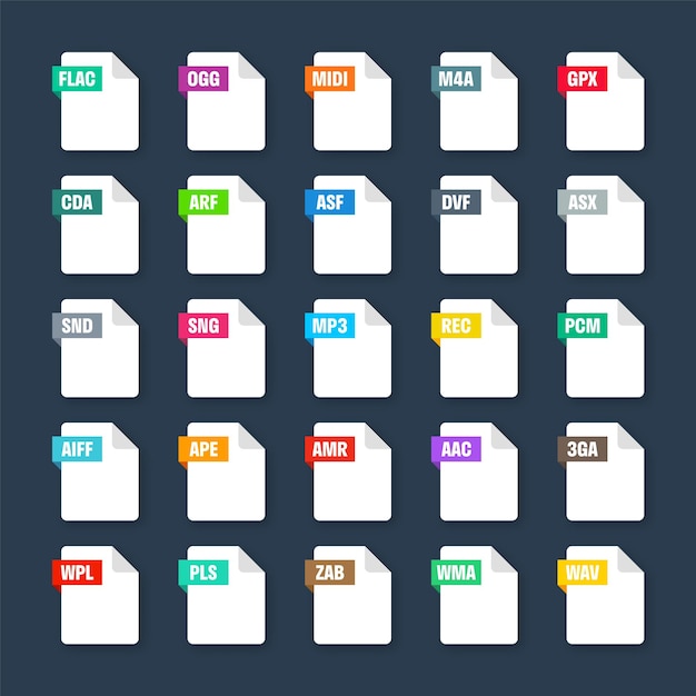 Allgemeine Systemdateiformate Dokumenttypen und Erweiterungen flacher Stil Icons Sammlungsdokument