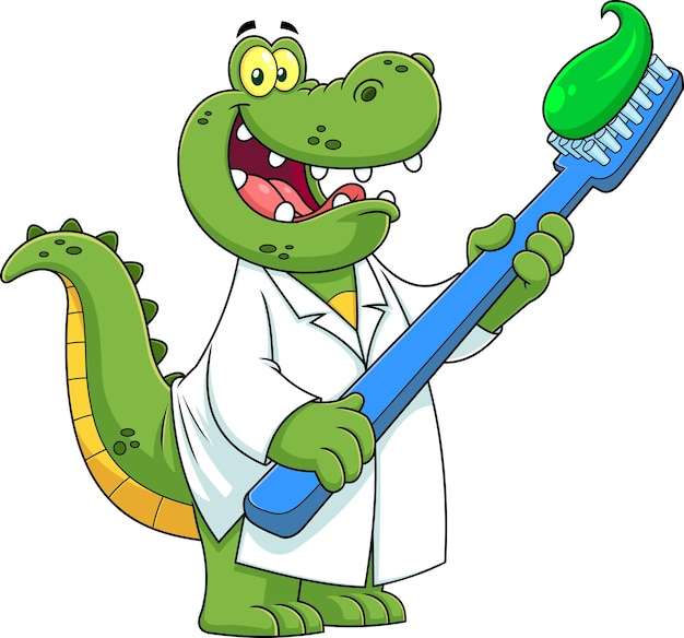 Alligator oder Krokodil-Doktor-Cartoon-Figur mit einer Zahnbürste mit Paste