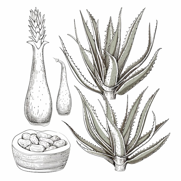 Aloe_vera_setSketch_of_Plant_and_bunch_and_leave Vektor