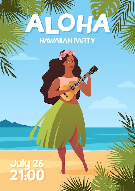 Vektor aloha hawaii flyer mit frau im traditionellen hawaiianischen rock tanzen hula-tanz mit ukulele-gitarre