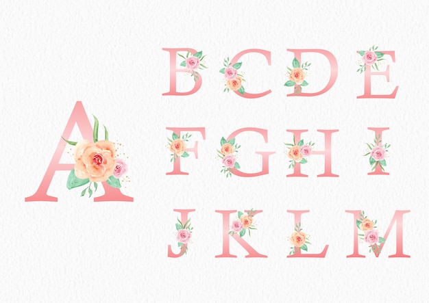 Alphabet A bis M mit Pfirsichrose Ornamente Aquarell Set