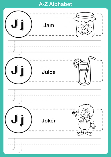 Alphabet az-übung mit karikaturvokabular für malbuch