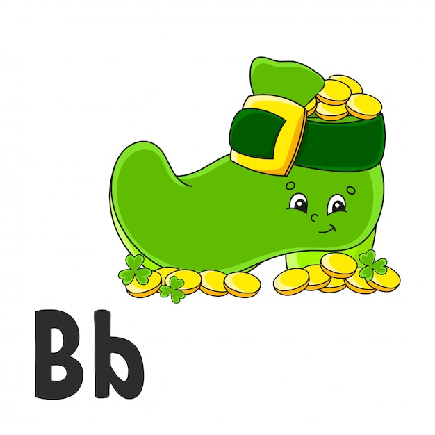 Alphabet buchstabe b. koboldstiefel mit münzen. abc-karteikarten. karikatur niedlicher charakter lokalisiert auf weiß