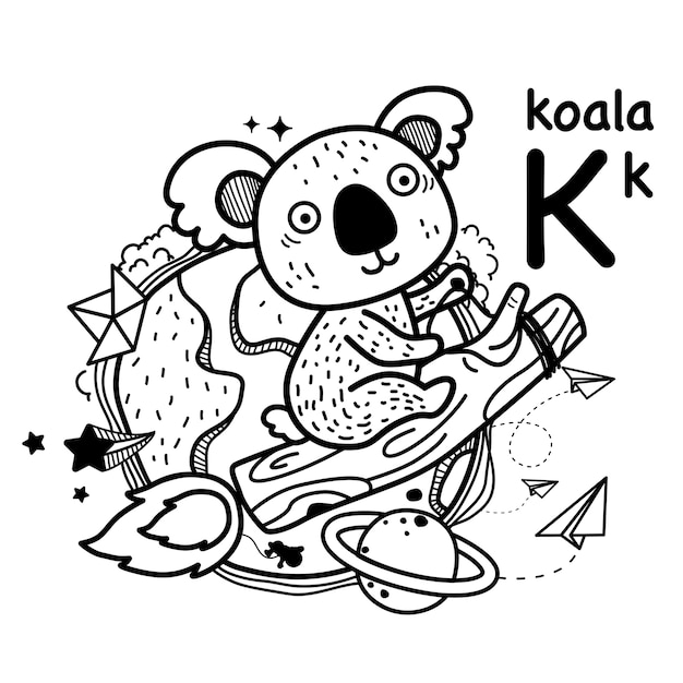 Alphabet buchstabe k koala in der hand gezeichnet