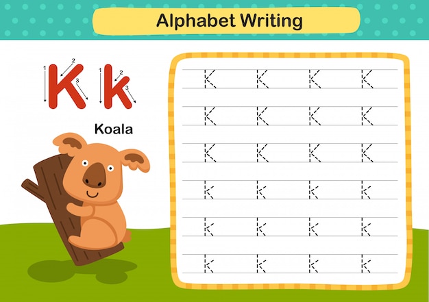 Alphabet buchstabe k-koala übung mit cartoon vokabular illustration