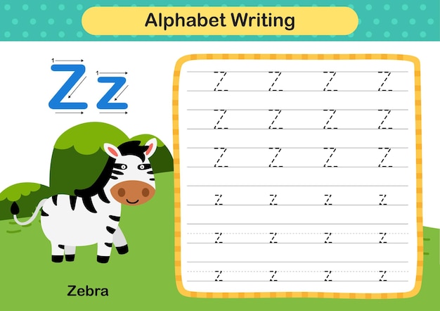 Alphabet buchstabe z zebra-übung mit cartoon-vokabular-illustrationsvektor