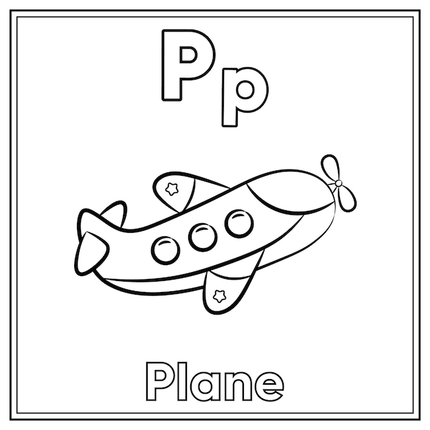 Alphabet-flashcard-buchstabe p mit niedlicher flugzeugzeichnungsskizze zum ausmalen