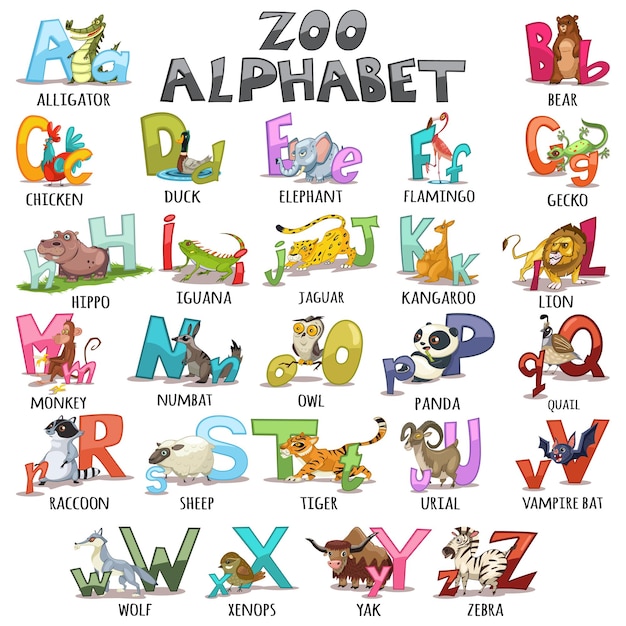 Vektor alphabet für kinder. abc tiere buchstaben cartoon illustration.