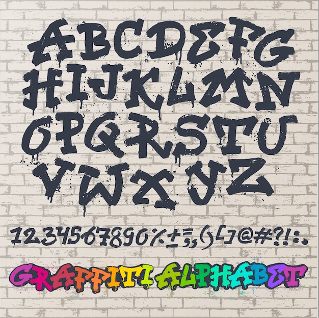 Alphabet graffity vektor alphabetische schrift abc durch pinselstrich mit buchstaben und zahlen oder grunge alphabetische typografie illustration isoliert auf backsteinmauer raum