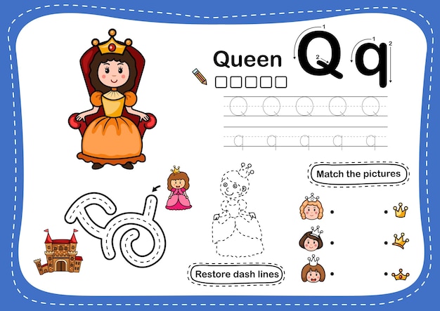 Alphabet letter q-queen übung mit cartoon-vokabular