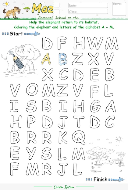 Vektor alphabet maze spiel zum lernen des alphabets von a bis m mit elefanten-cartoon-farben