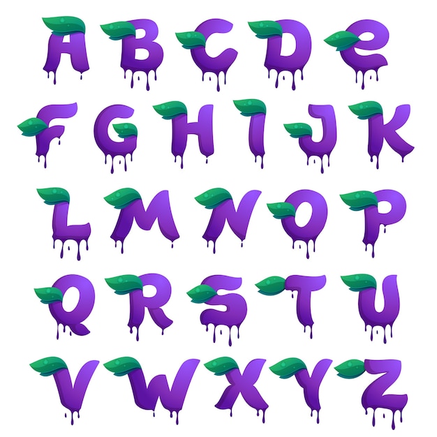 Vektor alphabet mit blaubeersaft tropfen und blätter.