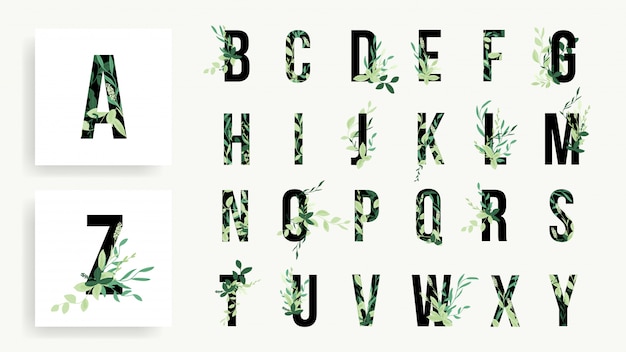 Alphabet mit schönem grünem blatt und dekorativem mit blumen