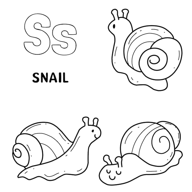 Alphabet-schnecke-set zum ausmalen mit handgezeichneten buchstaben-tier-cartoons